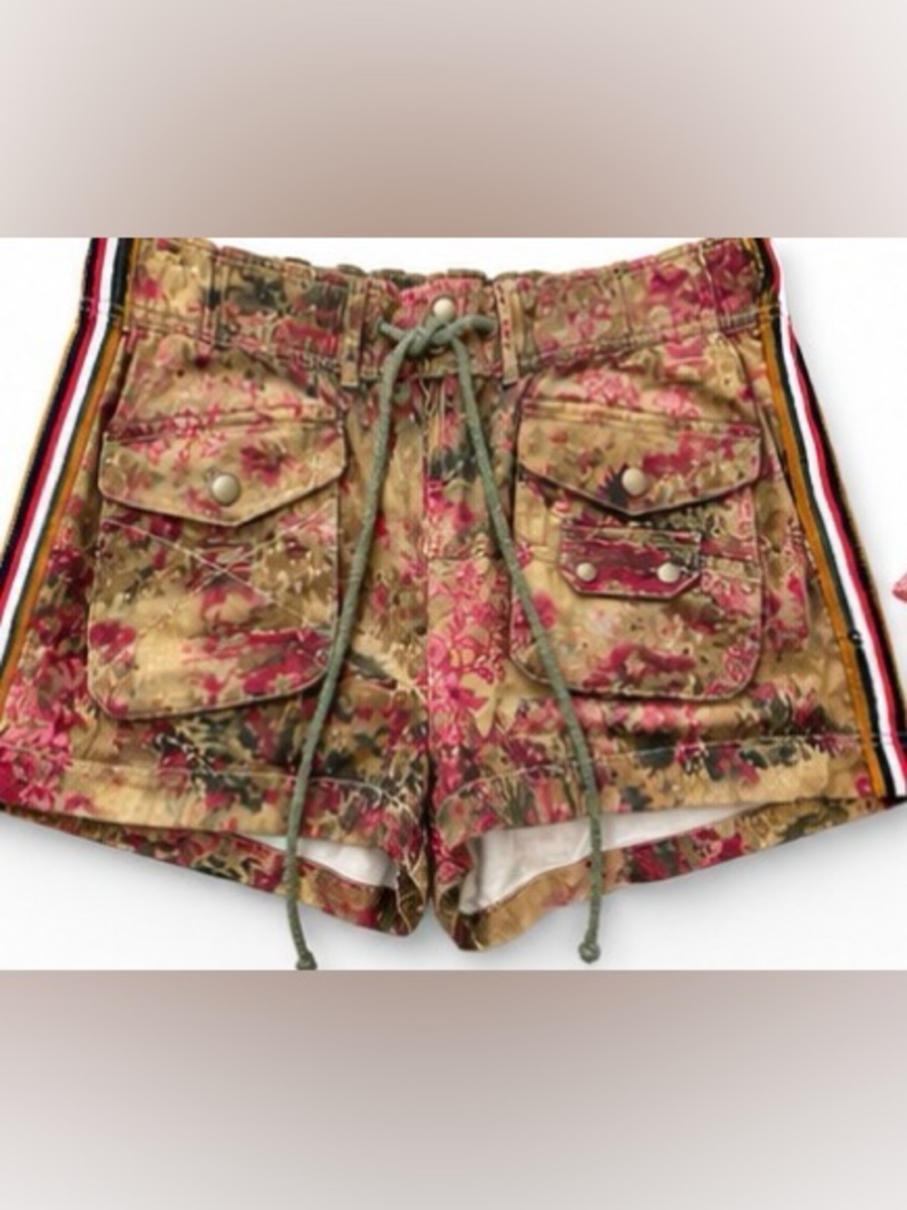 Free People Olive and Pink Floral Cargo Shorts with Side Stripe